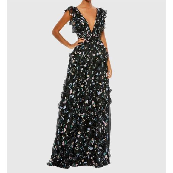 NEW MAC DUGGAL ruffled floral print cap sleeve gown